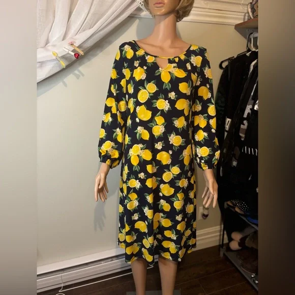 AVON Lemon Print Black Dress - Picture 3 of 10